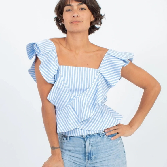 mila carr Tops - Mila Carr STRIPED RUFFLE BLOUSE sleeveless top back full zip cotton white blue 2